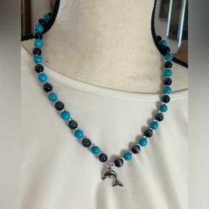 Blue glass tiger eye bead dolphin 19” necklace EUC  jewelry